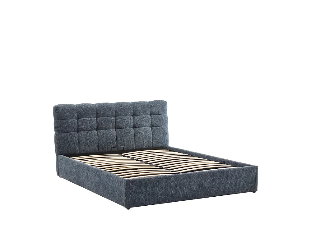 Acara - Lit coffre matelassé en tissu 140x190cm - Bleu chiné