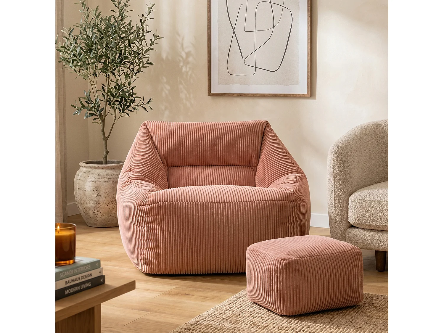 Pouf fauteuil et son repose-pieds carré velours côtelé rose aube, salon ou chambre - NATALIA