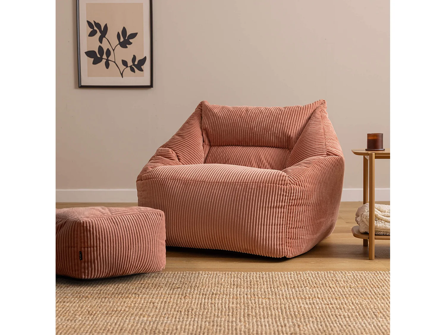 Pouf fauteuil et son repose-pieds carré velours côtelé rose aube, salon ou chambre - NATALIA