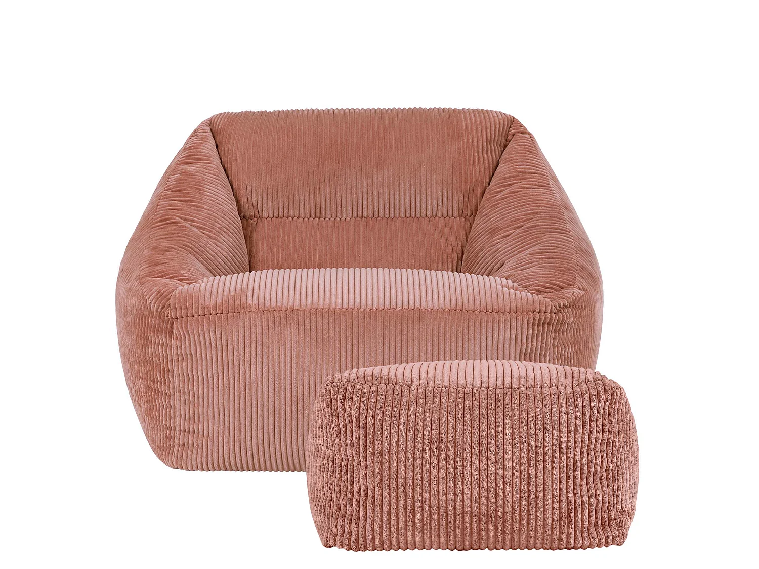 Pouf fauteuil et son repose-pieds carré velours côtelé rose aube, salon ou chambre - NATALIA