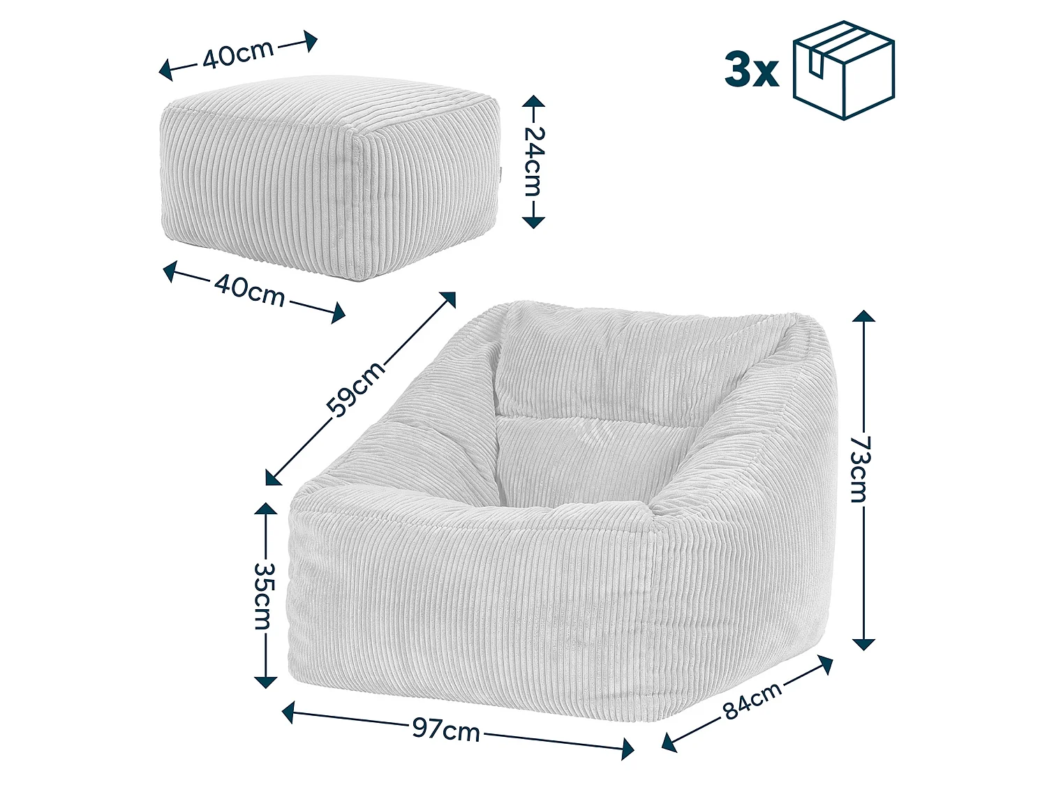 Pouf fauteuil et son repose-pieds carré velours côtelé rose aube, salon ou chambre - NATALIA