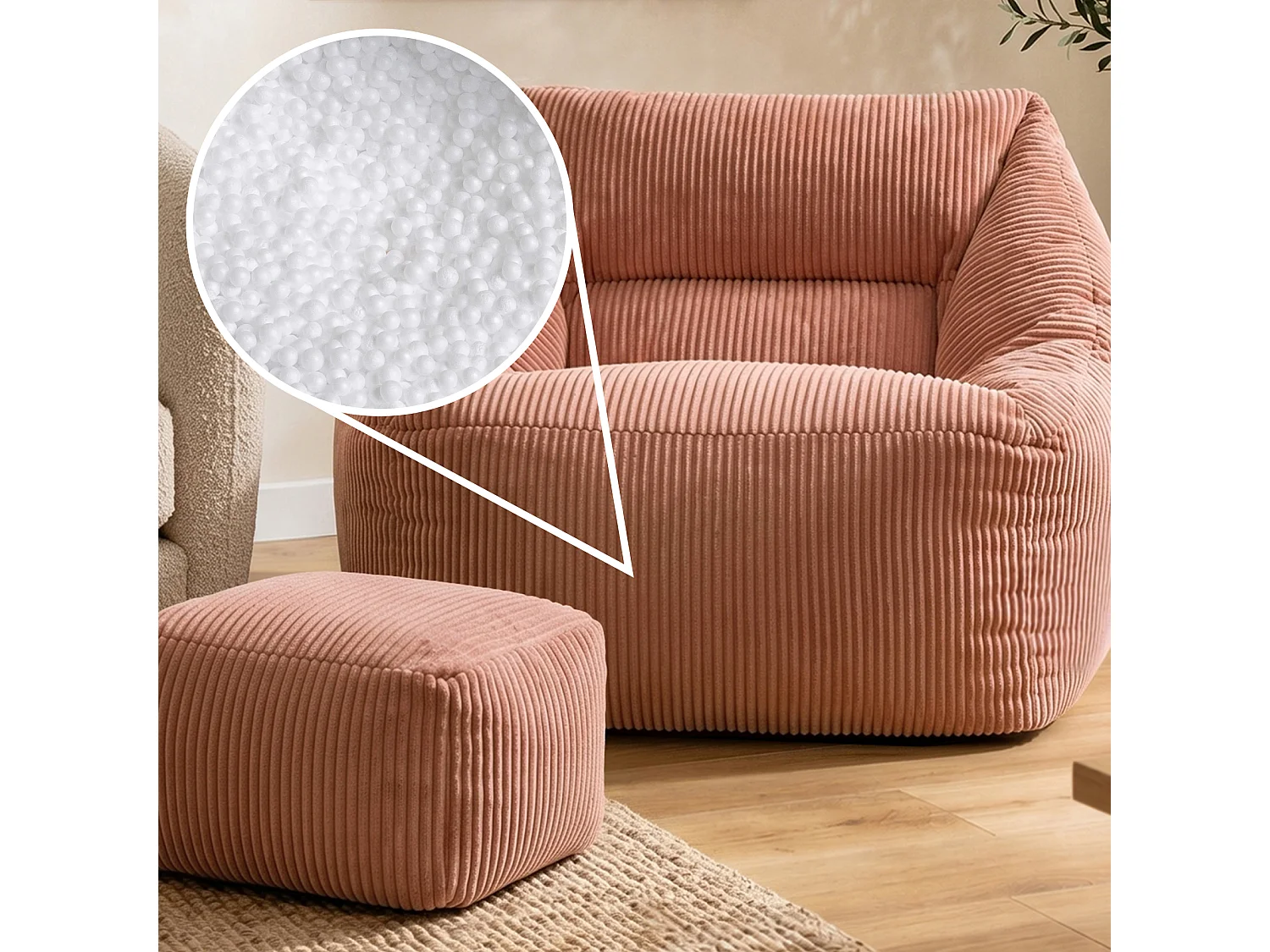 Pouf fauteuil et son repose-pieds carré velours côtelé rose aube, salon ou chambre - NATALIA