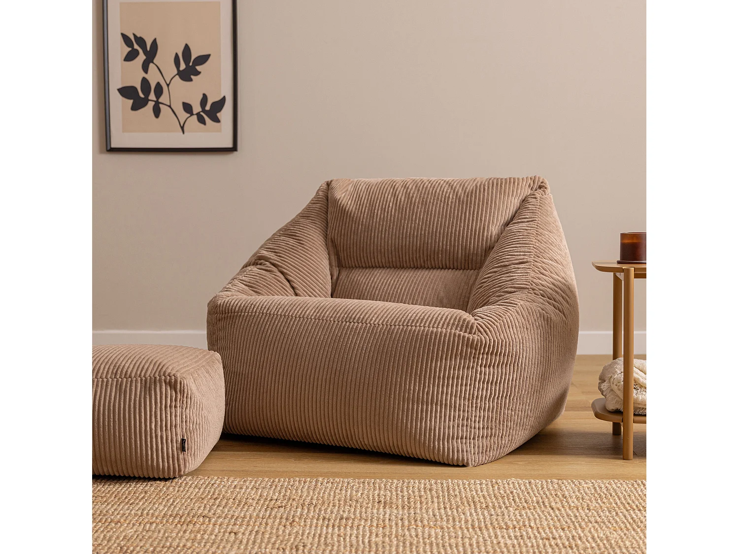 Pouf fauteuil et son repose-pieds carré velours côtelé brun moka, salon ou chambre - NATALIA