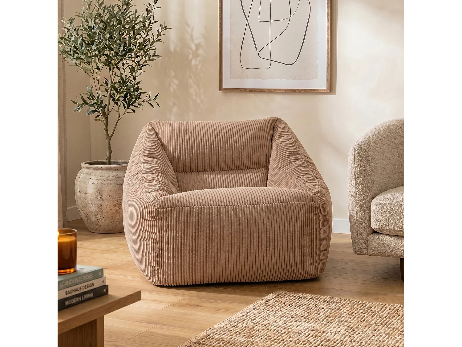 Pouf fauteuil salon ou chambre velours côtelé brun moka - NATALIA