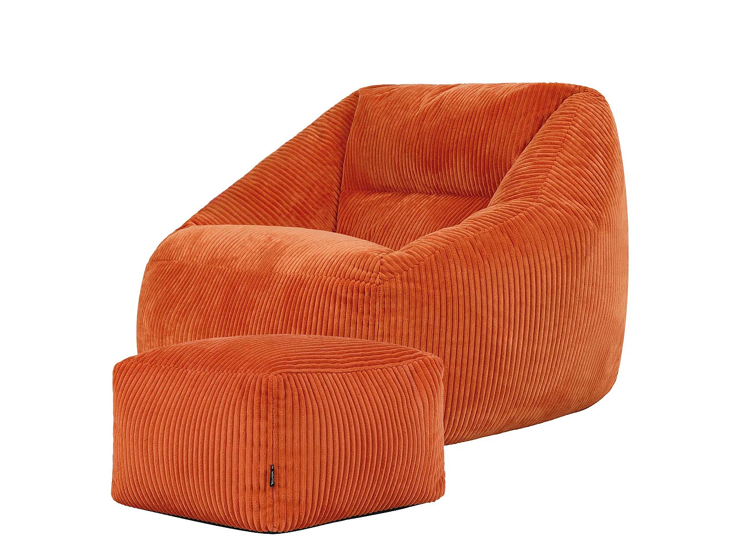 Pouf fauteuil et son repose-pieds carré velours côtelé orange, salon ou chambre - NATALIA