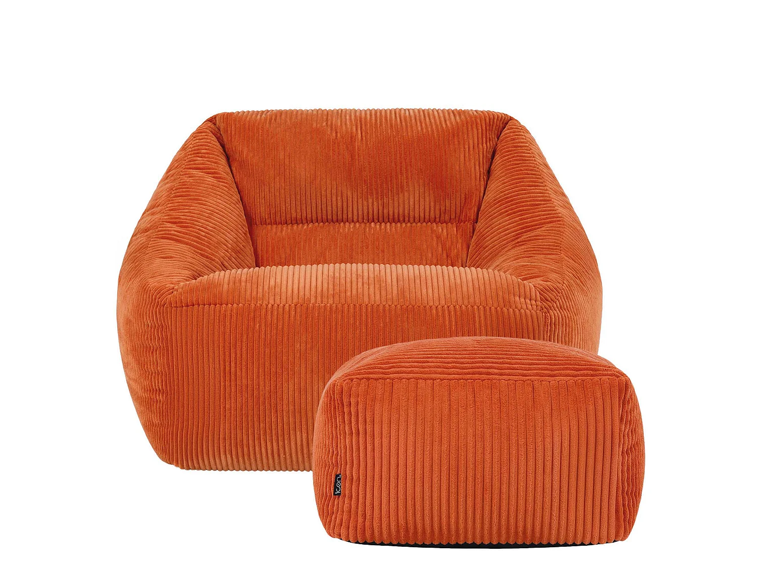 Pouf fauteuil et son repose-pieds carré velours côtelé orange, salon ou chambre - NATALIA