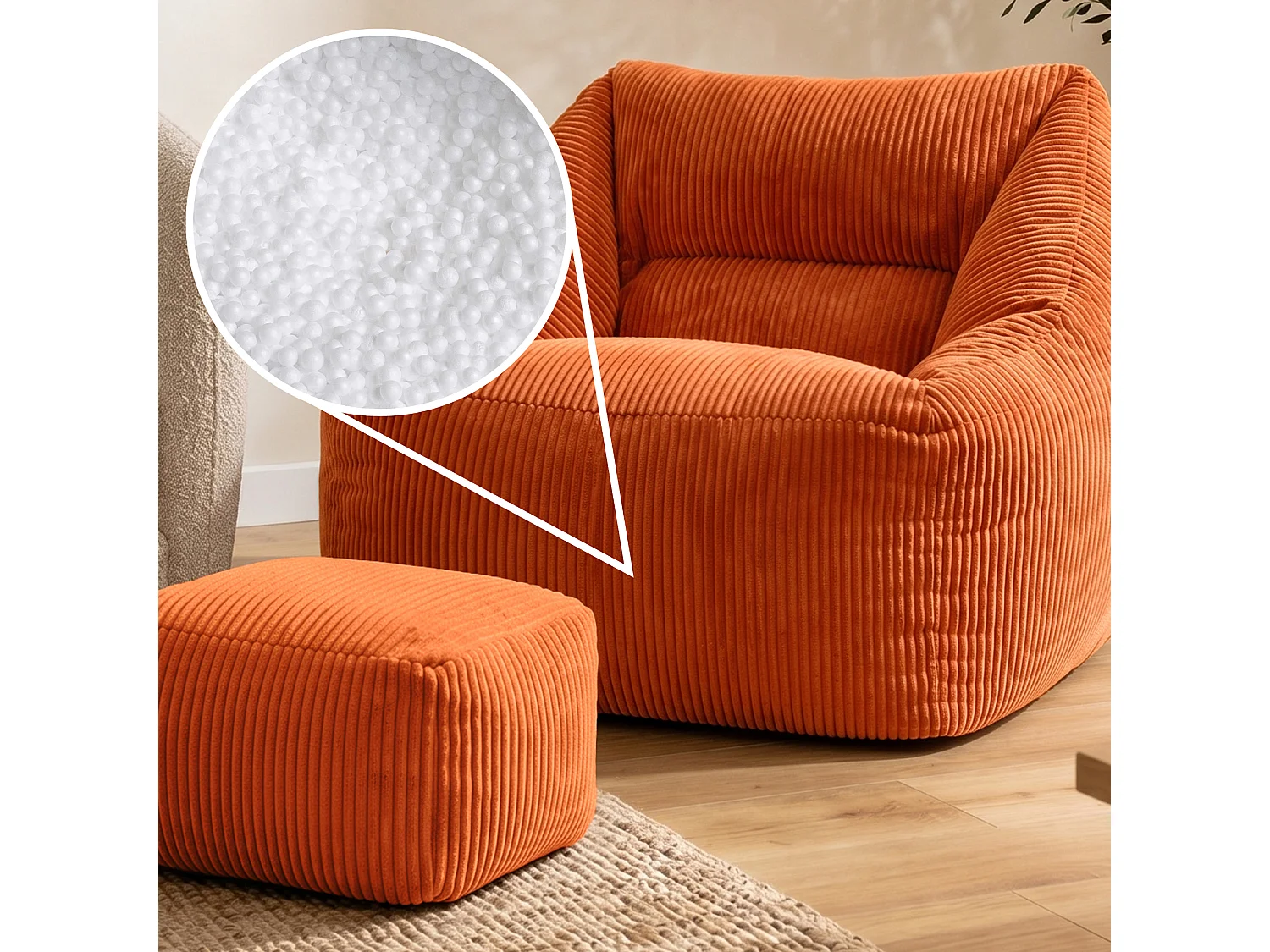 Pouf fauteuil et son repose-pieds carré velours côtelé orange, salon ou chambre - NATALIA
