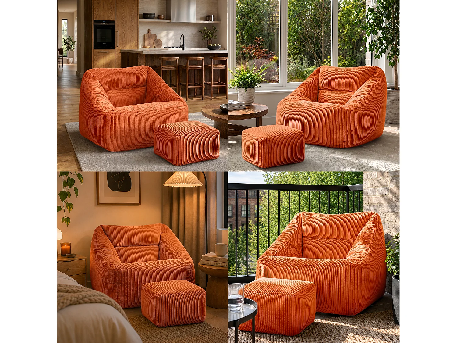 Pouf fauteuil et son repose-pieds carré velours côtelé orange, salon ou chambre - NATALIA