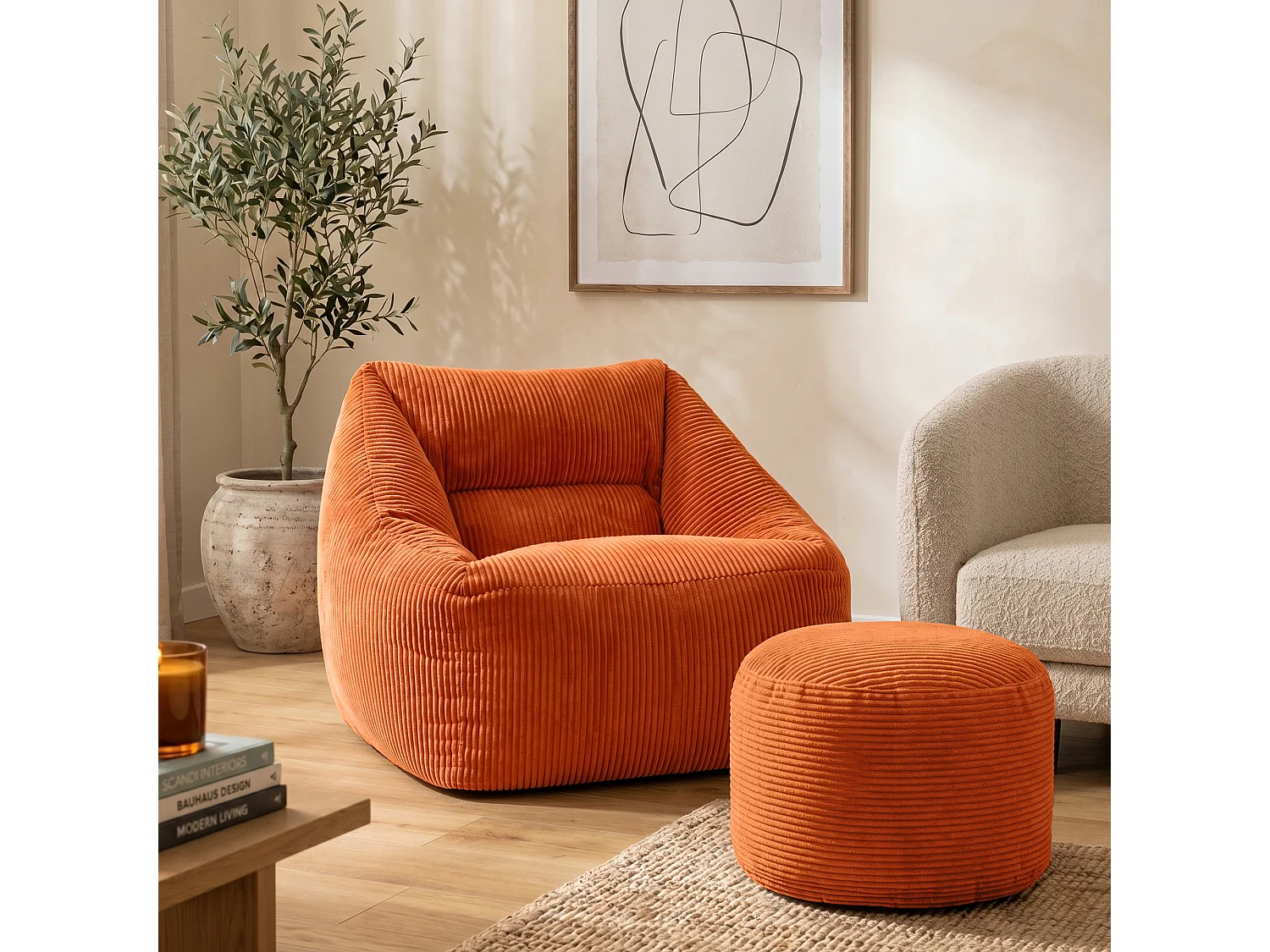 Pouf fauteuil avec repose-pied rond velours côtelé orange, salon ou chambre - NATALIA