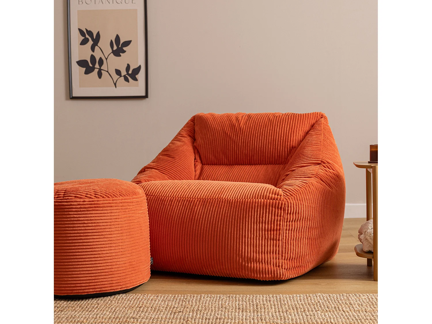 Pouf fauteuil avec repose-pied rond velours côtelé orange, salon ou chambre - NATALIA