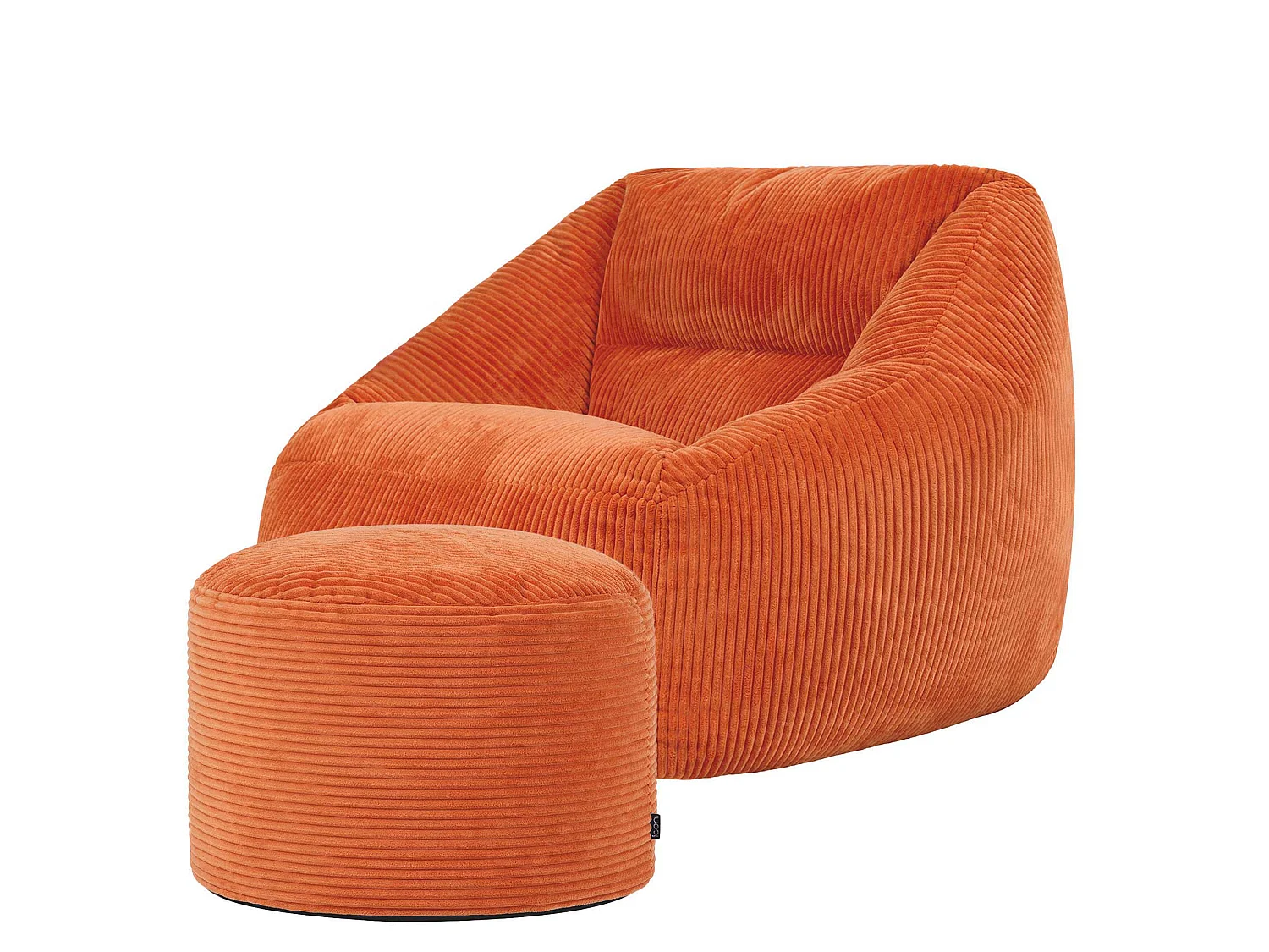 Pouf fauteuil avec repose-pied rond velours côtelé orange, salon ou chambre - NATALIA