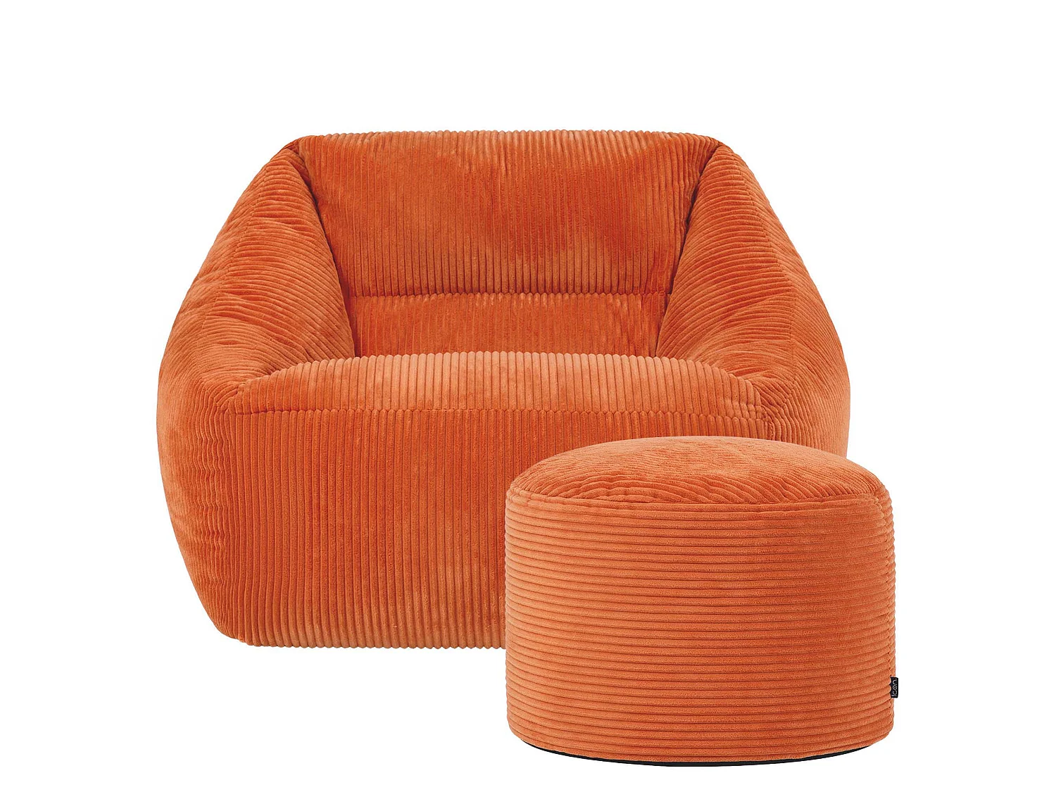Pouf fauteuil avec repose-pied rond velours côtelé orange, salon ou chambre - NATALIA