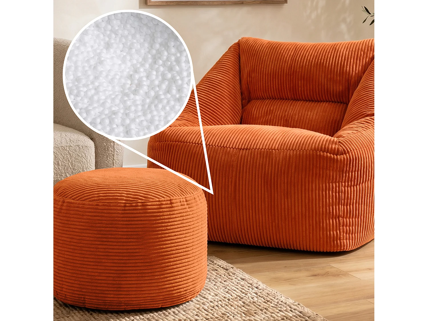 Pouf fauteuil avec repose-pied rond velours côtelé orange, salon ou chambre - NATALIA