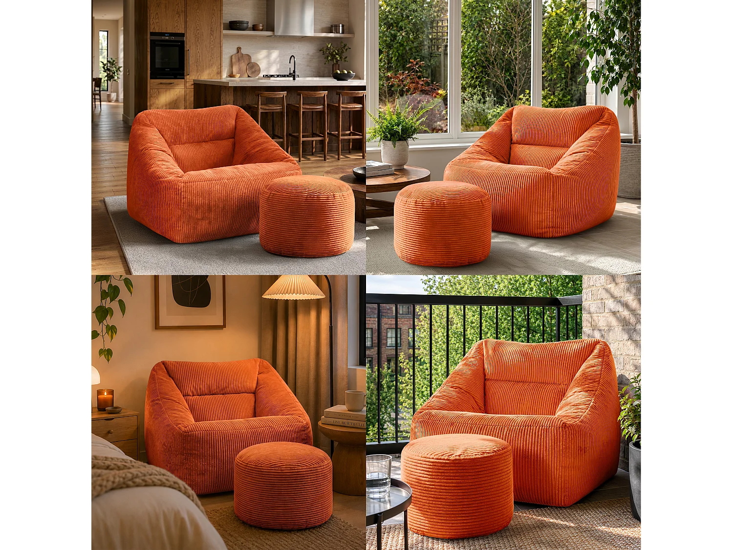 Pouf fauteuil avec repose-pied rond velours côtelé orange, salon ou chambre - NATALIA