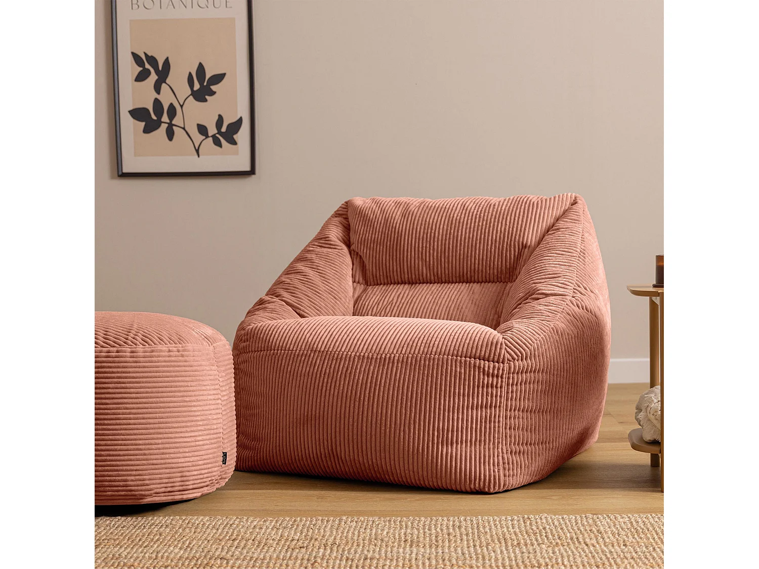 Pouf fauteuil avec repose-pied rond velours côtelé rose, salon ou chambre - NATALIA