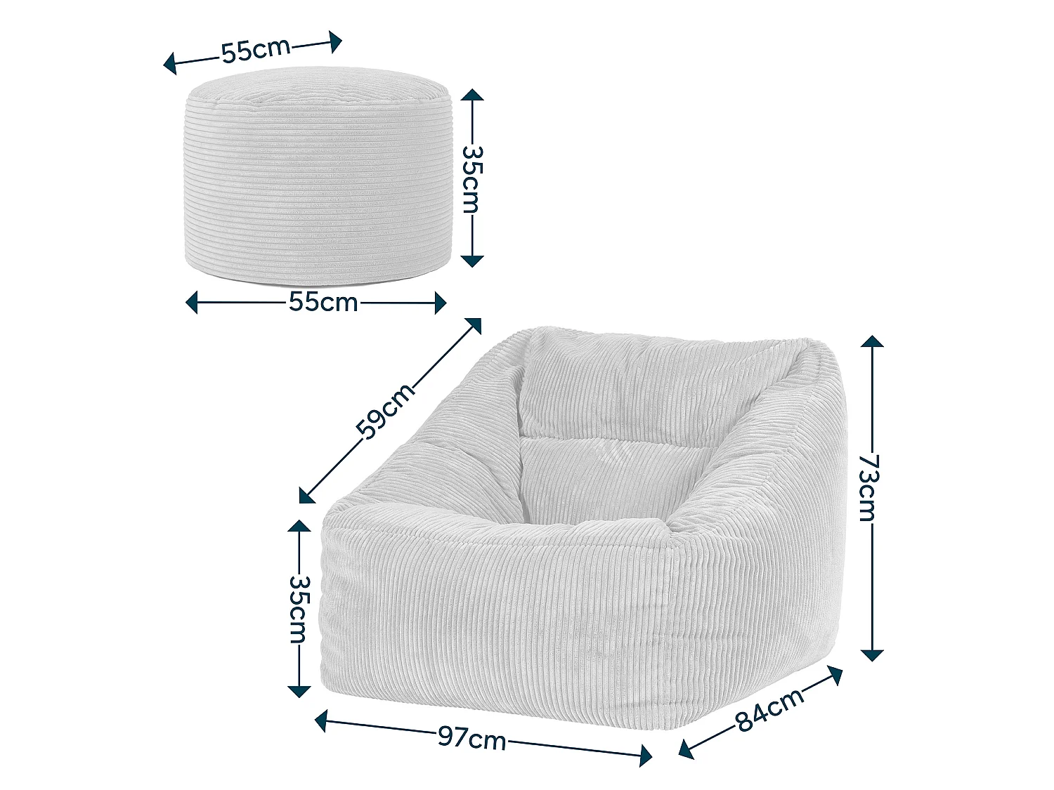 Pouf fauteuil avec repose-pied rond velours côtelé rose, salon ou chambre - NATALIA