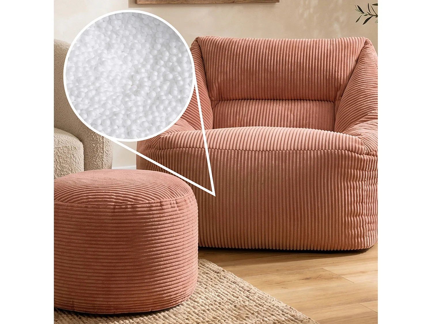 Pouf fauteuil avec repose-pied rond velours côtelé rose, salon ou chambre - NATALIA