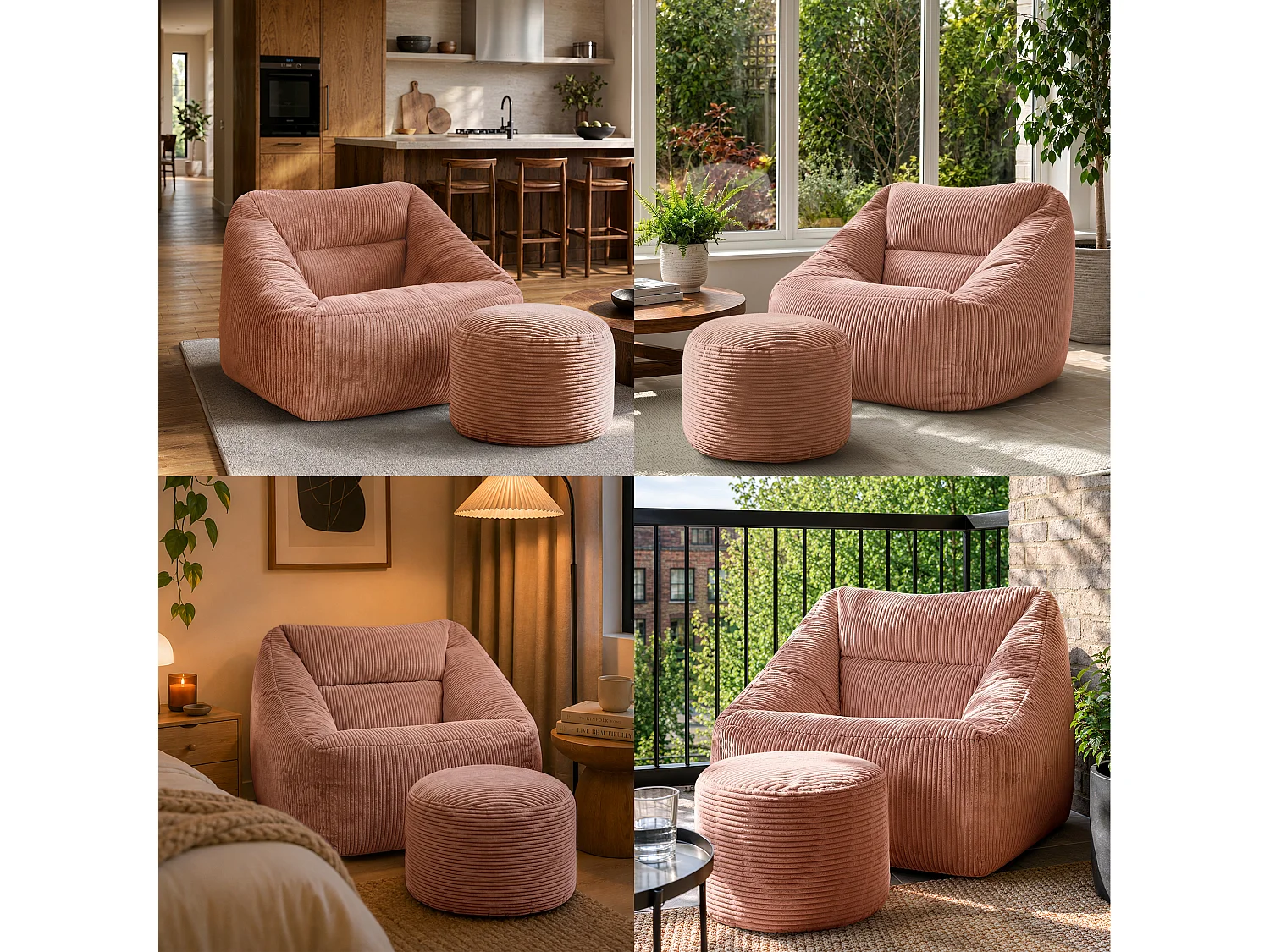 Pouf fauteuil avec repose-pied rond velours côtelé rose, salon ou chambre - NATALIA