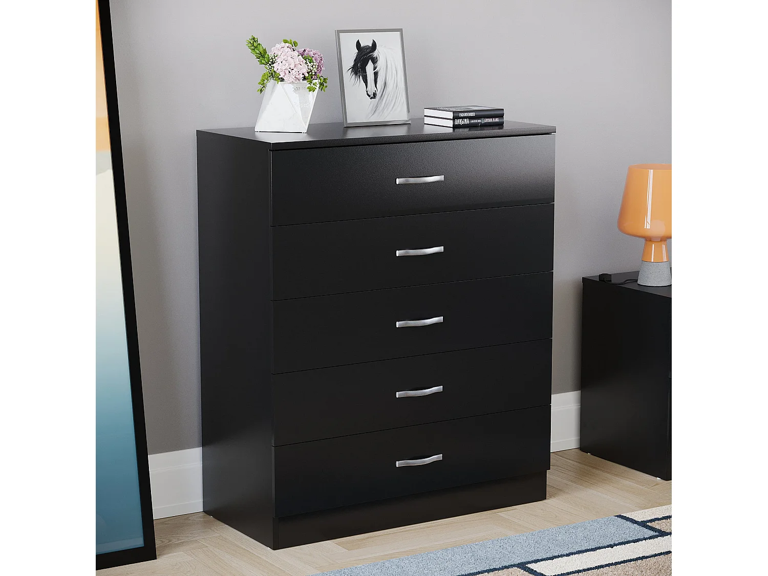 Riano 5 Drawer Chest of Drawers Modern Style Clothes Storage, Black - Vida Designs
