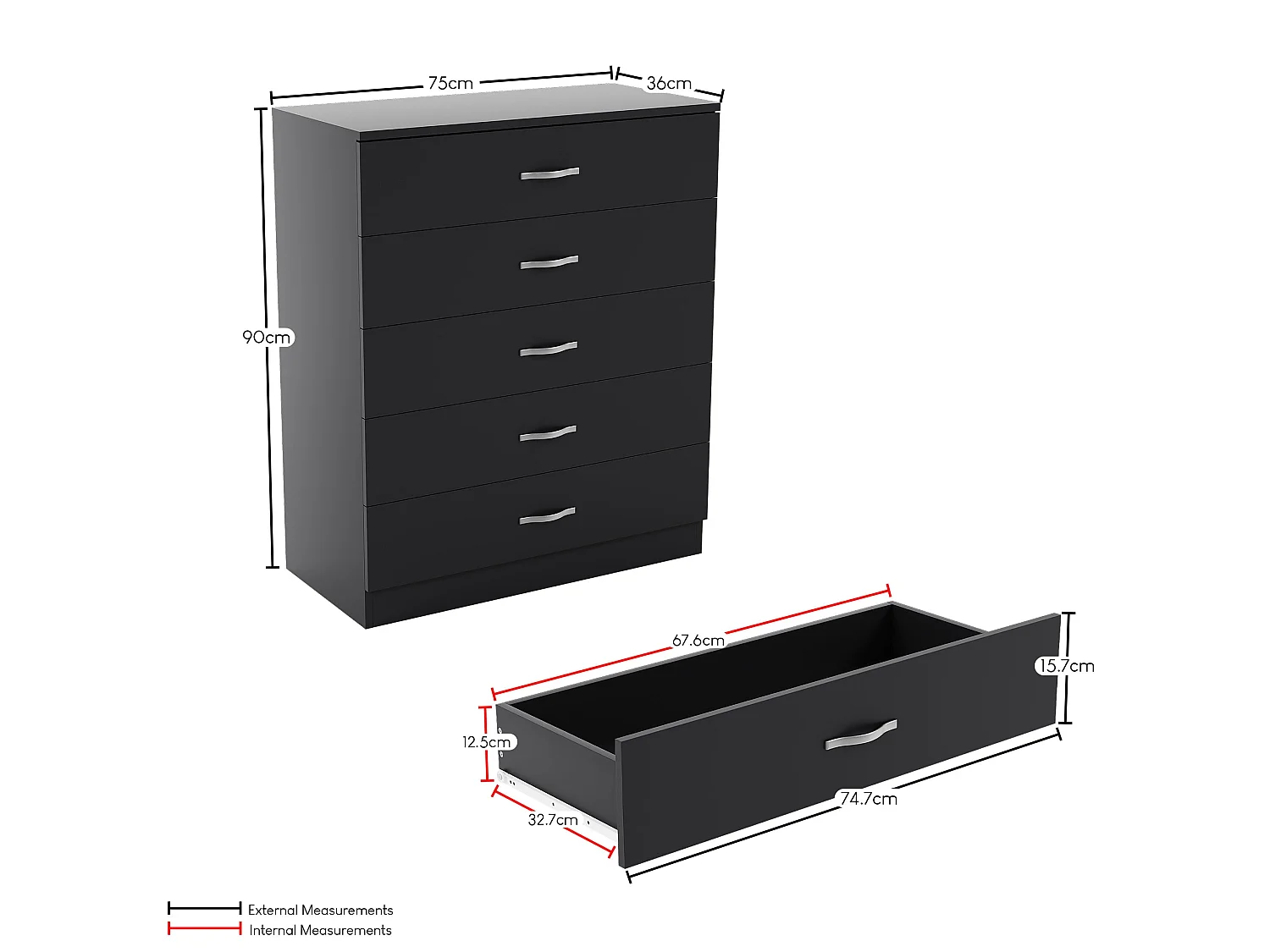 Riano 5 Drawer Chest of Drawers Modern Style Clothes Storage, Black - Vida Designs