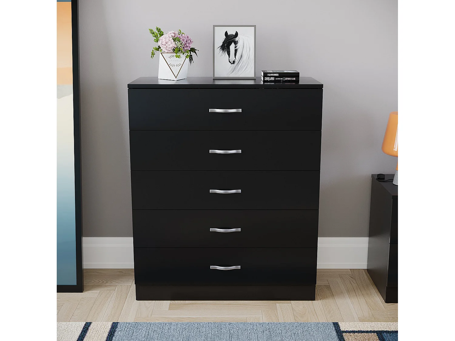Riano 5 Drawer Chest of Drawers Modern Style Clothes Storage, Black - Vida Designs