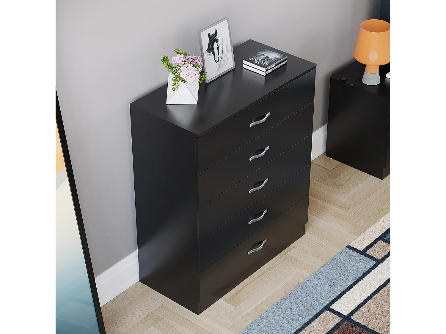 Riano 5 Drawer Chest of Drawers Modern Style Clothes Storage, Black - Vida Designs