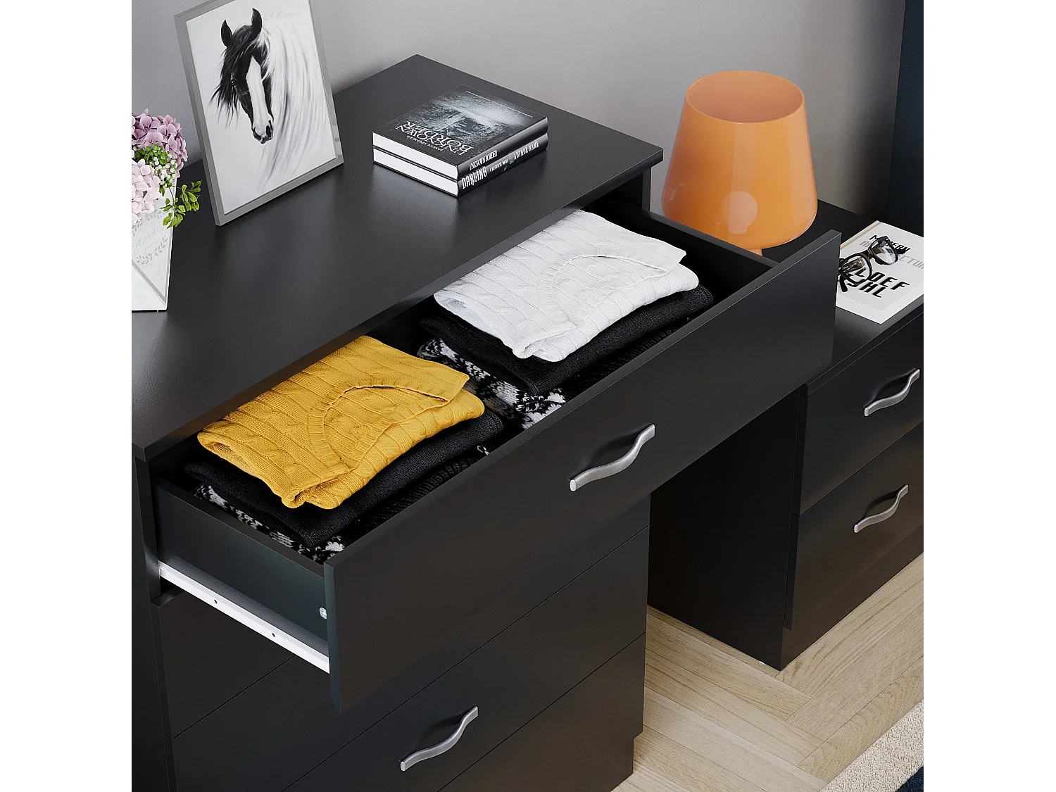 Riano 5 Drawer Chest of Drawers Modern Style Clothes Storage, Black - Vida Designs