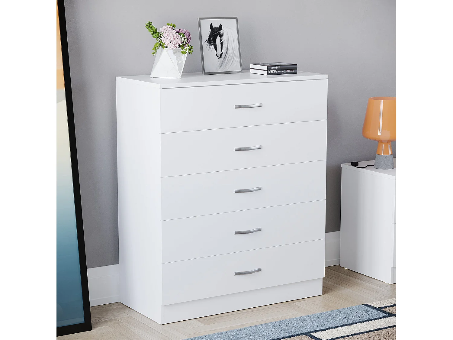 Riano 5 Drawer Chest of Drawers Modern Style Clothes Storage, White - Vida Designs