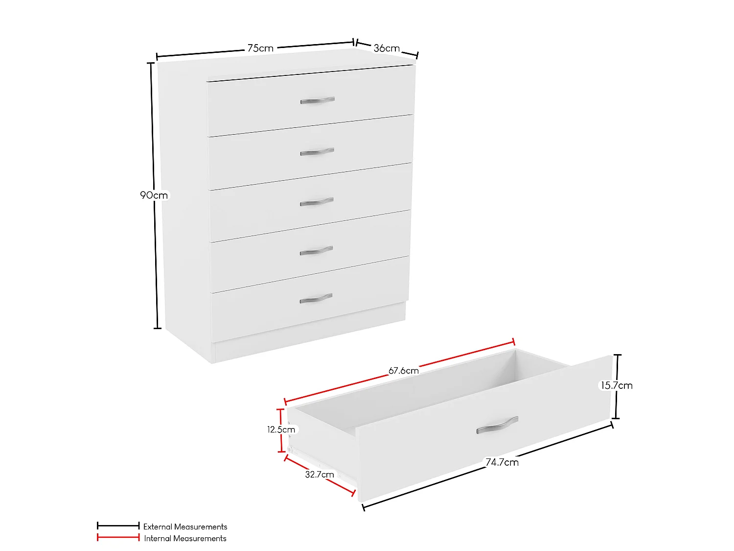 Riano 5 Drawer Chest of Drawers Modern Style Clothes Storage, White - Vida Designs