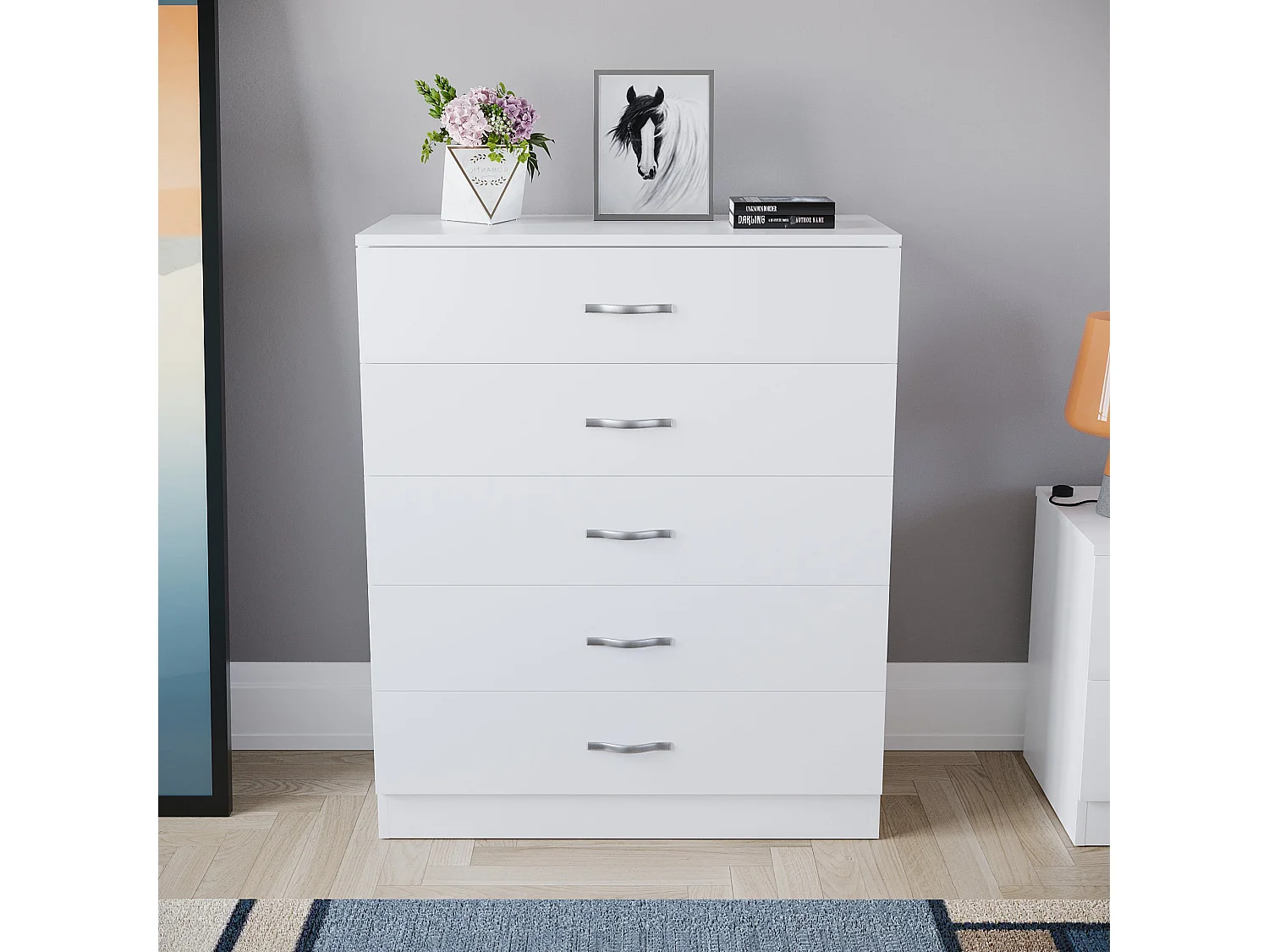Riano 5 Drawer Chest of Drawers Modern Style Clothes Storage, White - Vida Designs