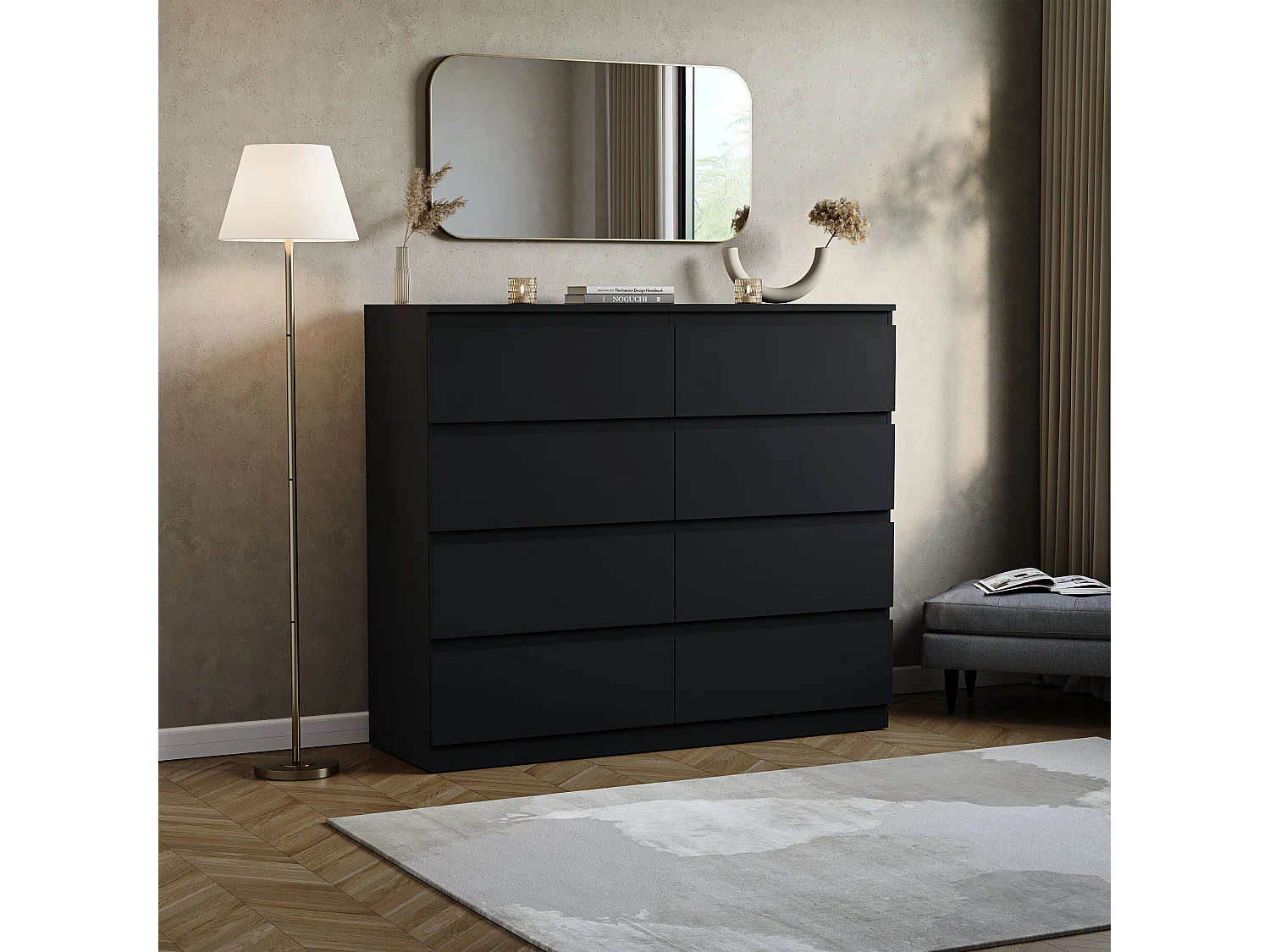Denver 8 Drawer Chest of Drawers Modern Style Handle Free Clothes Storage, Black - Vida Designs