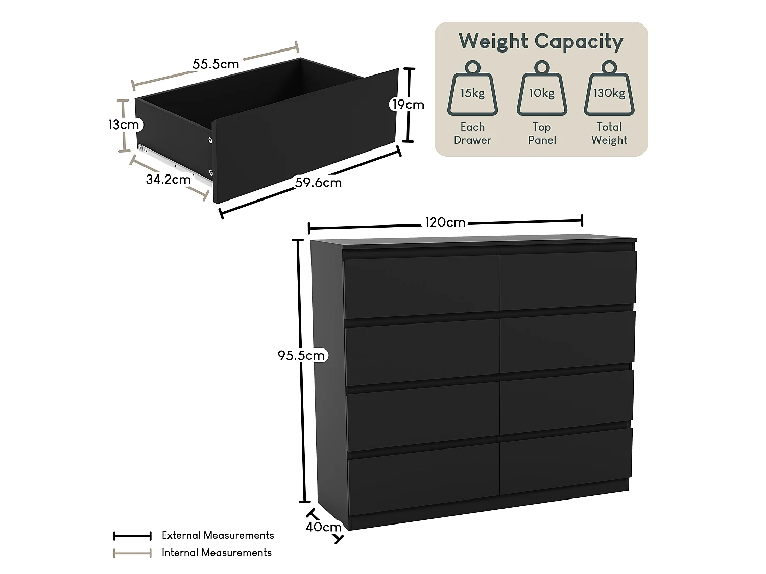 Denver 8 Drawer Chest of Drawers Modern Style Handle Free Clothes Storage, Black - Vida Designs