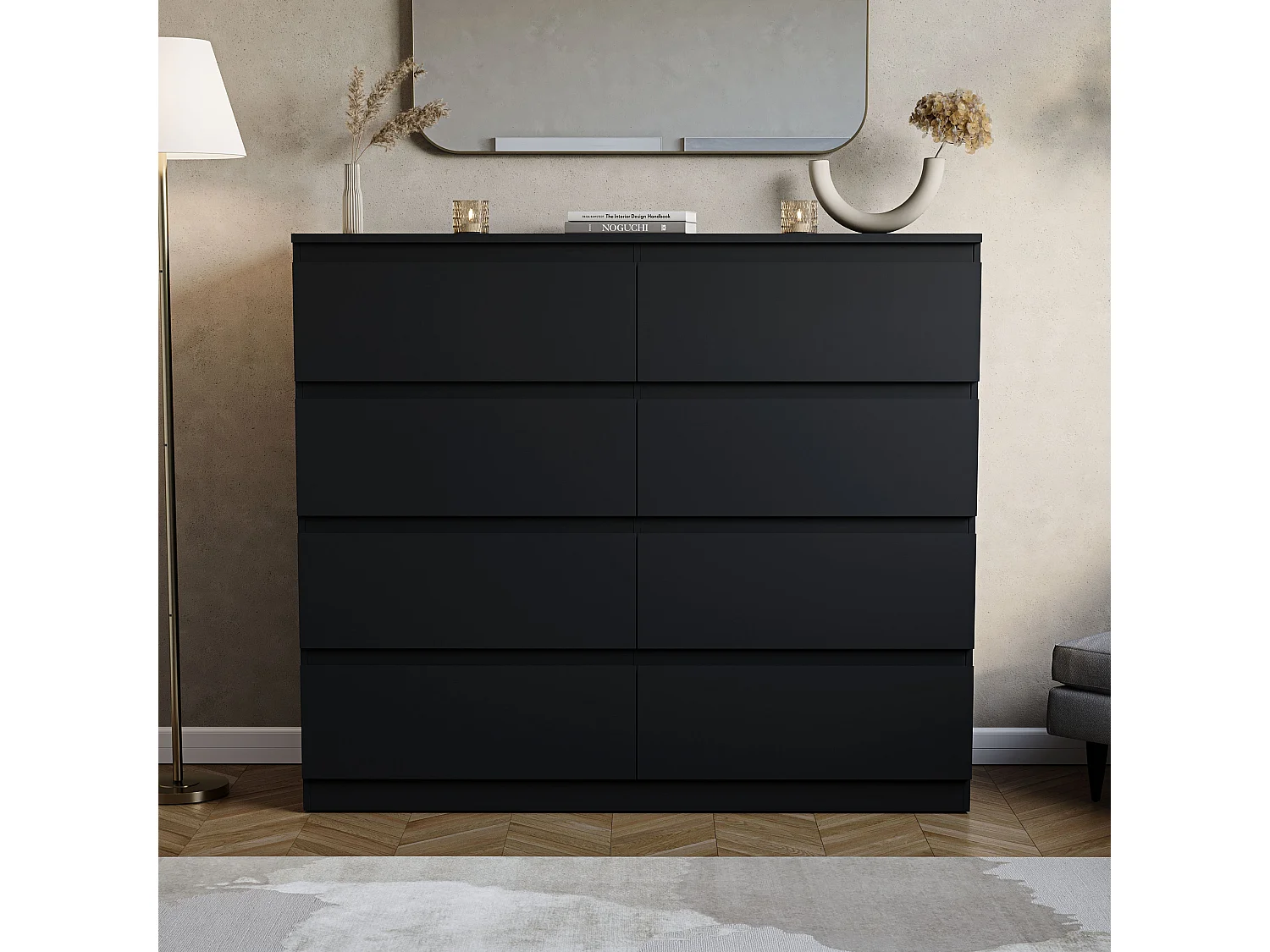 Denver 8 Drawer Chest of Drawers Modern Style Handle Free Clothes Storage, Black - Vida Designs