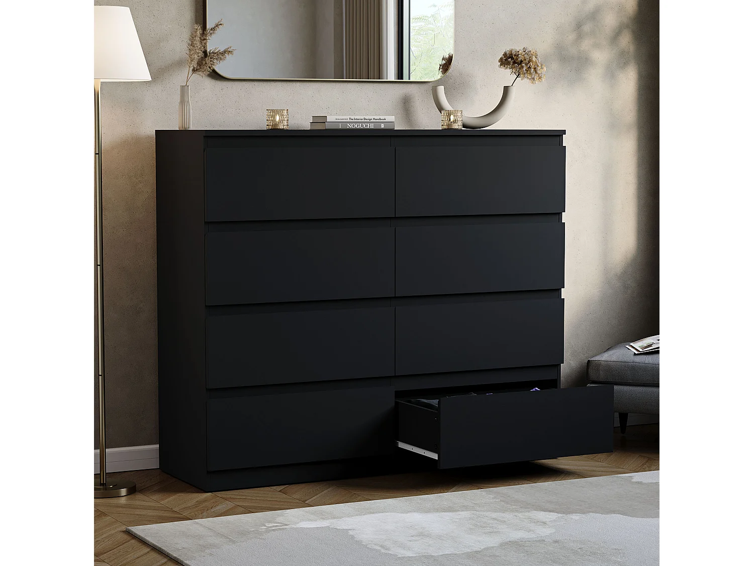 Denver 8 Drawer Chest of Drawers Modern Style Handle Free Clothes Storage, Black - Vida Designs
