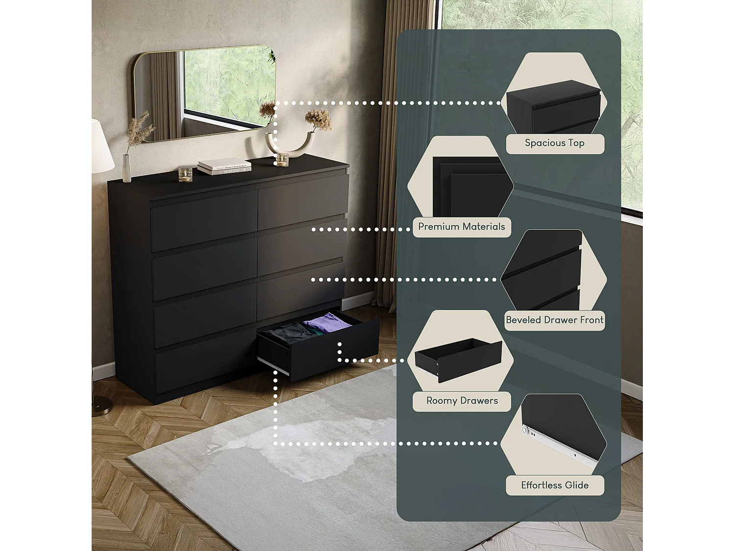 Denver 8 Drawer Chest of Drawers Modern Style Handle Free Clothes Storage, Black - Vida Designs