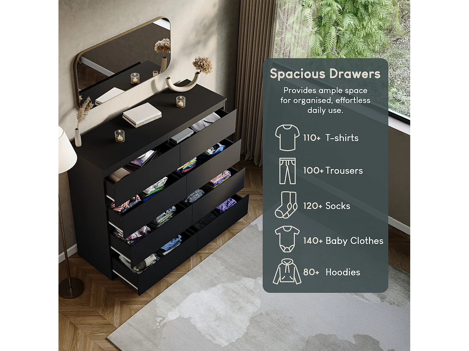 Denver 8 Drawer Chest of Drawers Modern Style Handle Free Clothes Storage, Black - Vida Designs