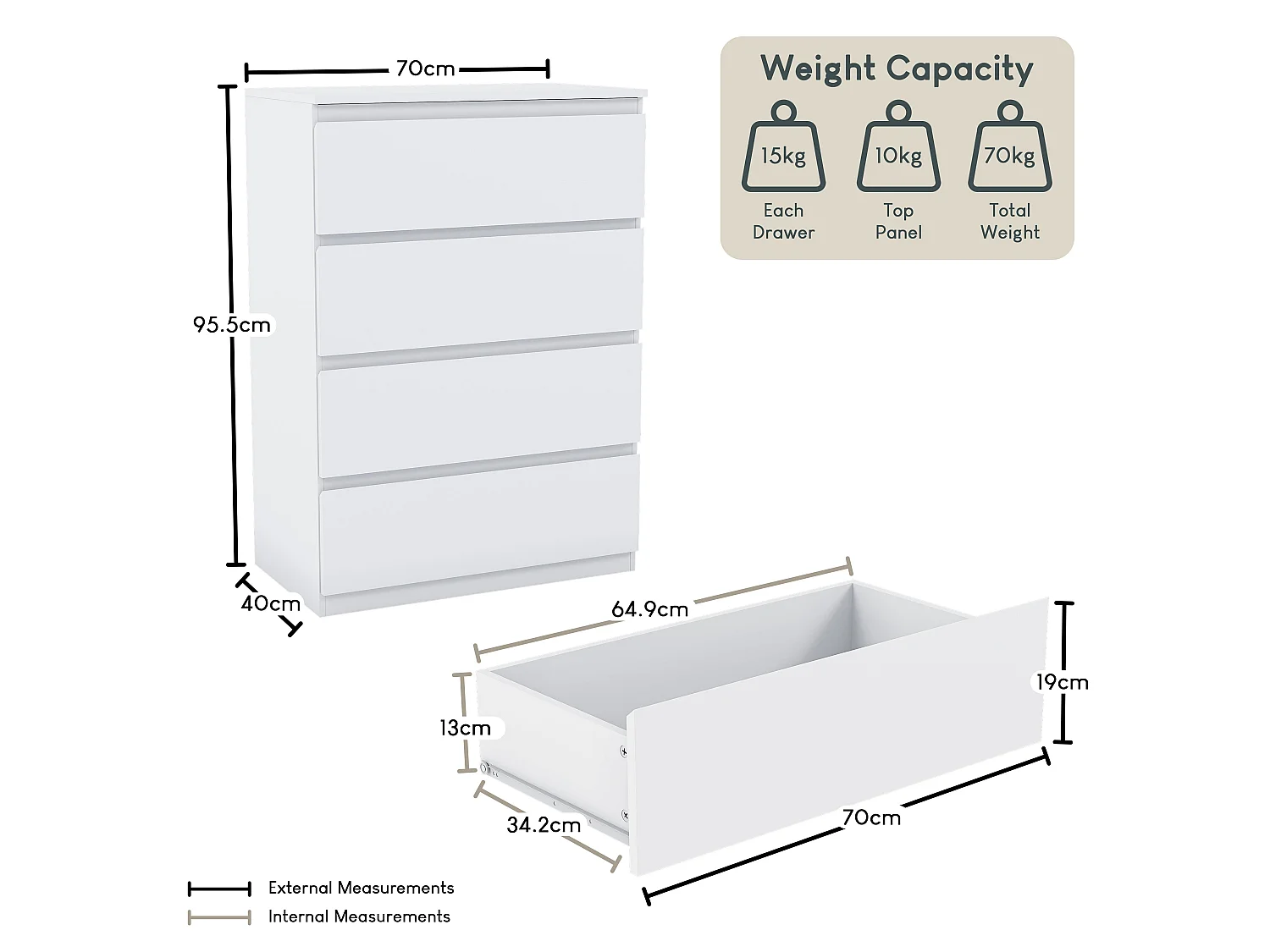 Denver 4 Drawer Chest of Drawers Modern Style Handle Free Clothes Storage, White - Vida Designs