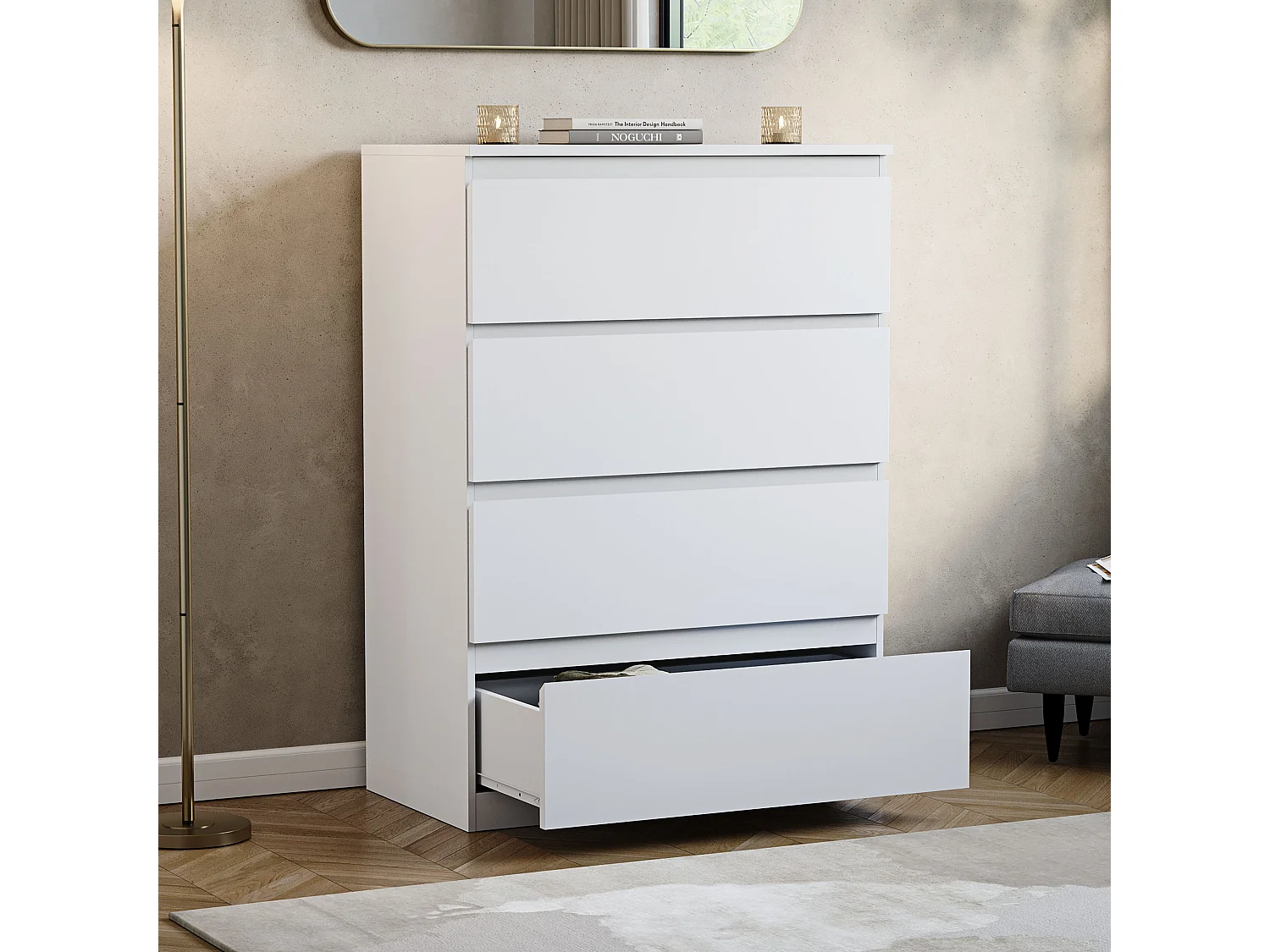 Denver 4 Drawer Chest of Drawers Modern Style Handle Free Clothes Storage, White - Vida Designs