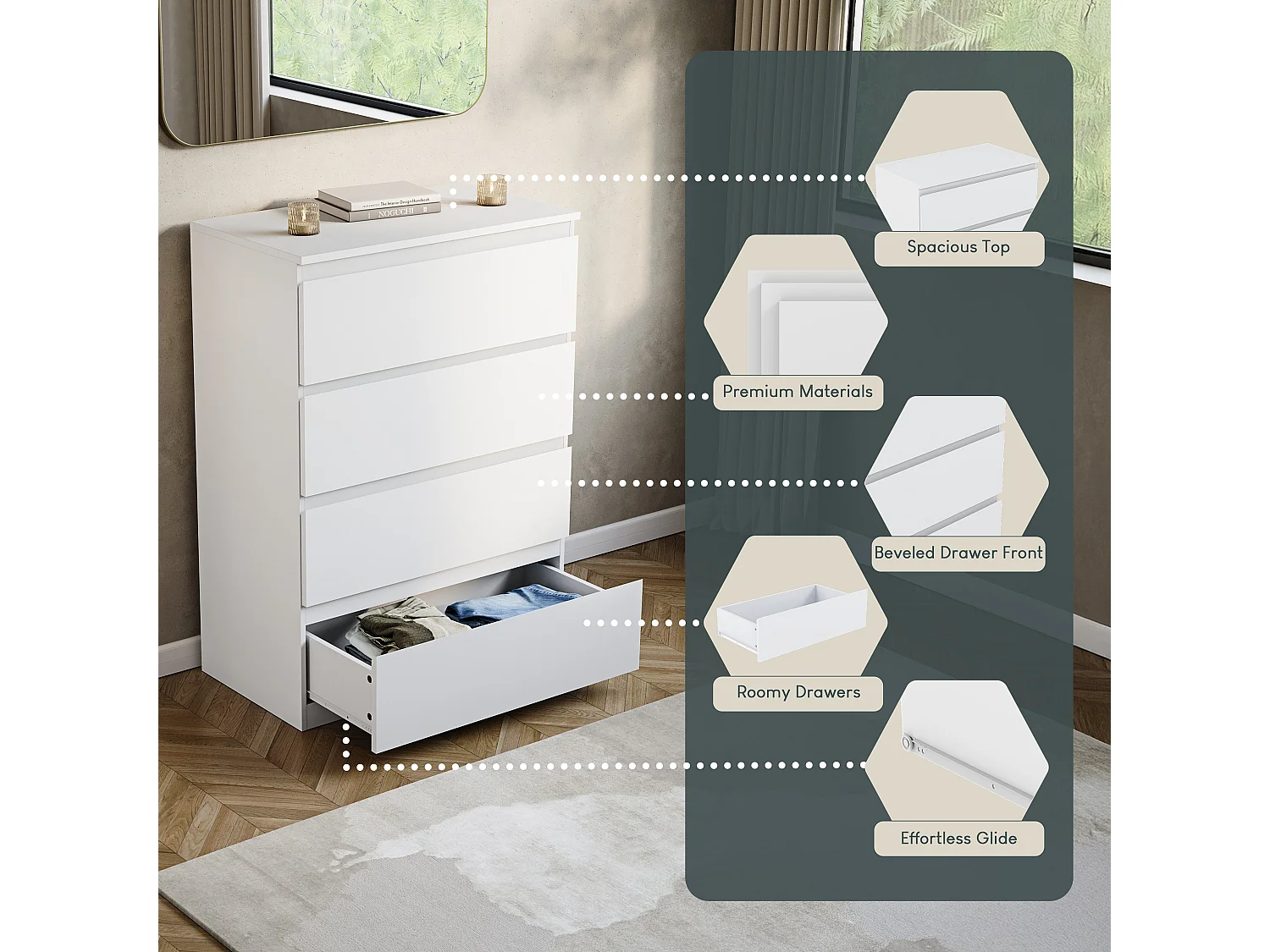 Denver 4 Drawer Chest of Drawers Modern Style Handle Free Clothes Storage, White - Vida Designs