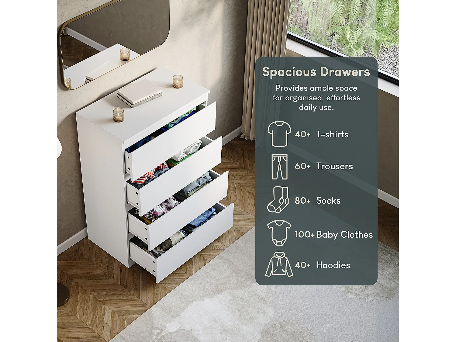 Denver 4 Drawer Chest of Drawers Modern Style Handle Free Clothes Storage, White - Vida Designs