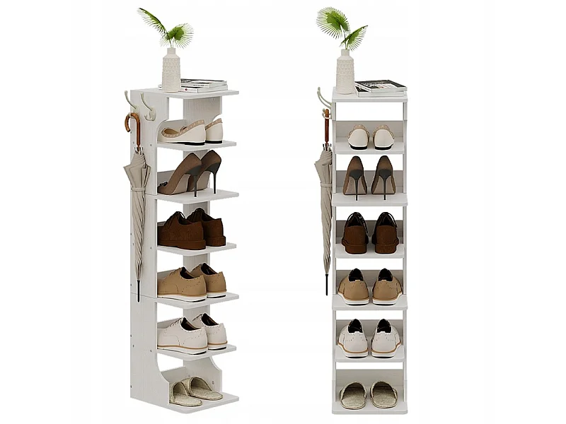 Meuble à chaussures fonctionnel, étroit, blanc, étagère à 6 niveaux, 2 crochets, style loft