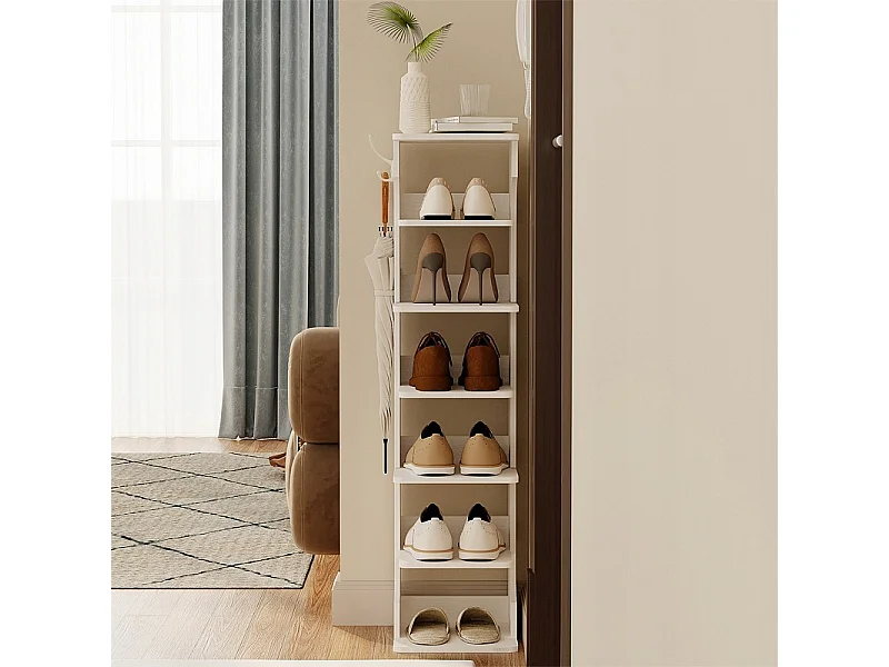 Meuble à chaussures fonctionnel, étroit, blanc, étagère à 6 niveaux, 2 crochets, style loft