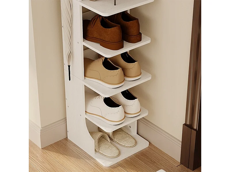 Meuble à chaussures fonctionnel, étroit, blanc, étagère à 6 niveaux, 2 crochets, style loft