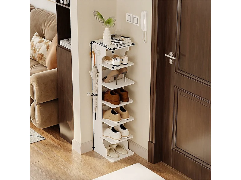 Meuble à chaussures fonctionnel, étroit, blanc, étagère à 6 niveaux, 2 crochets, style loft