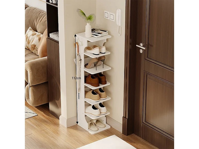 Meuble à chaussures fonctionnel, étroit, blanc, étagère à 6 niveaux, 2 crochets, style loft