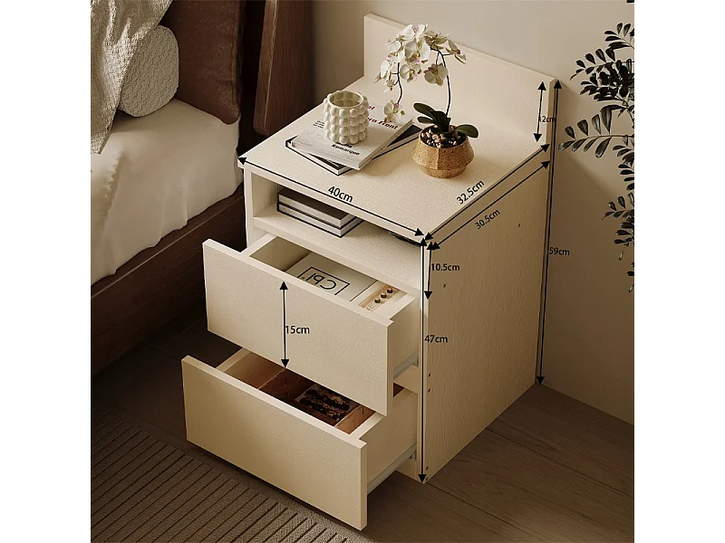 Table de chevet, table d'appoint pour chambre ou salon, 2 tiroirs, style loft, moderne, blanche