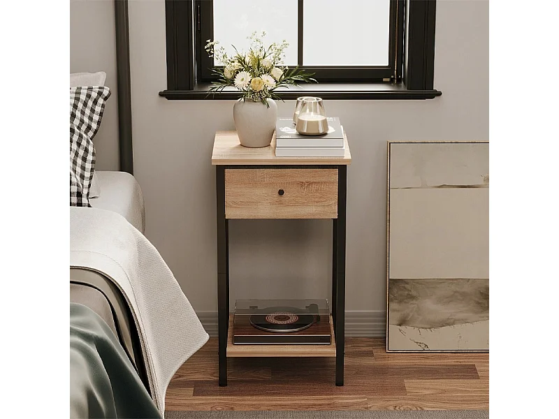 Table de chevet, commode, meuble à tiroir et étagère, brun clair, style industriel loft