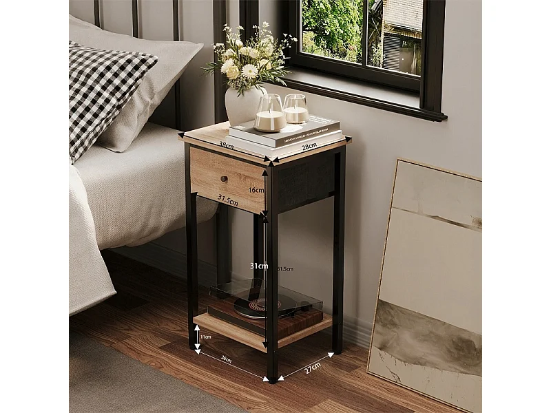 Table de chevet, commode, meuble à tiroir et étagère, brun clair, style industriel loft