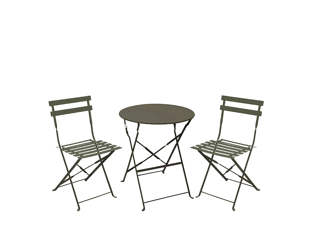 Marseille - Ensemble table de jardin pliante ronde bistrot et 2 chaises en métal - Vert kaki