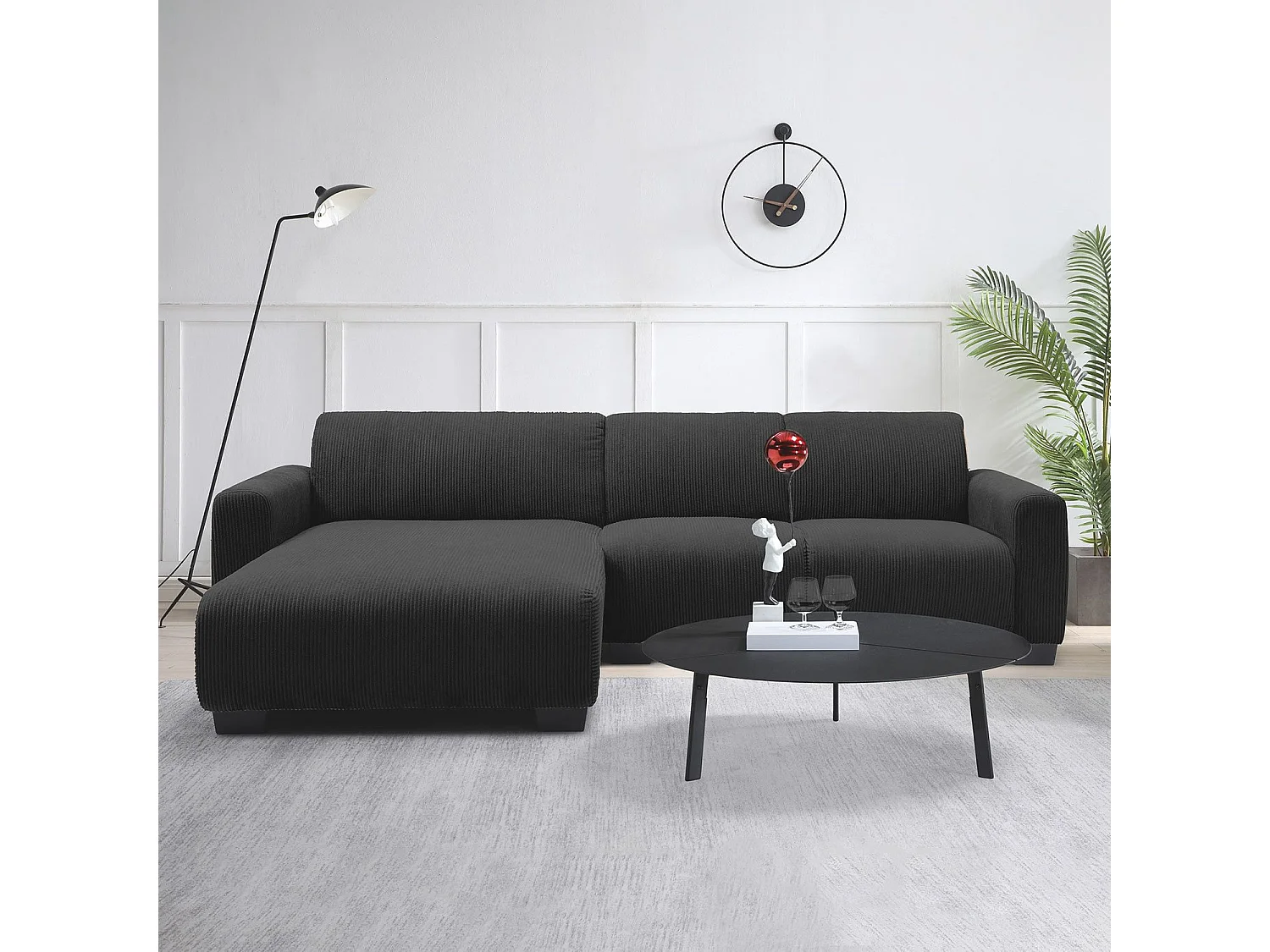 Canapé d'angle moderne 287cm Wallis Velours côtelé Noir